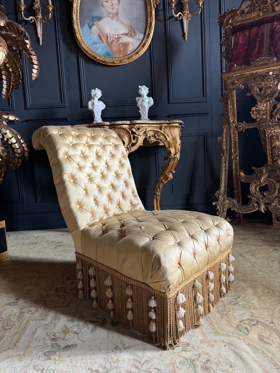 Napoleon III Period Armchair In Yellow Quilted Fabric - 19th Century-photo-2