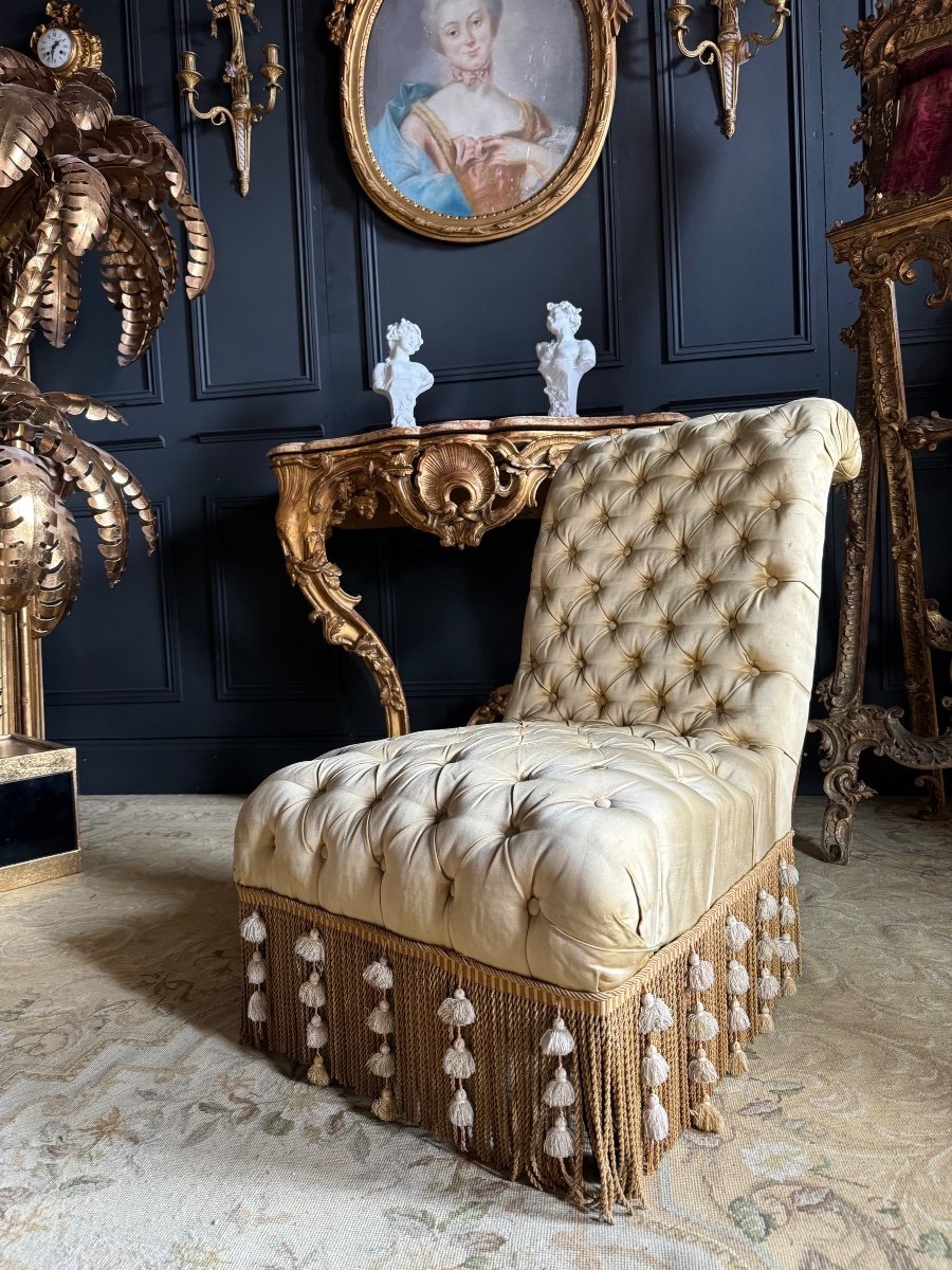 Napoleon III Period Armchair In Yellow Quilted Fabric - 19th Century