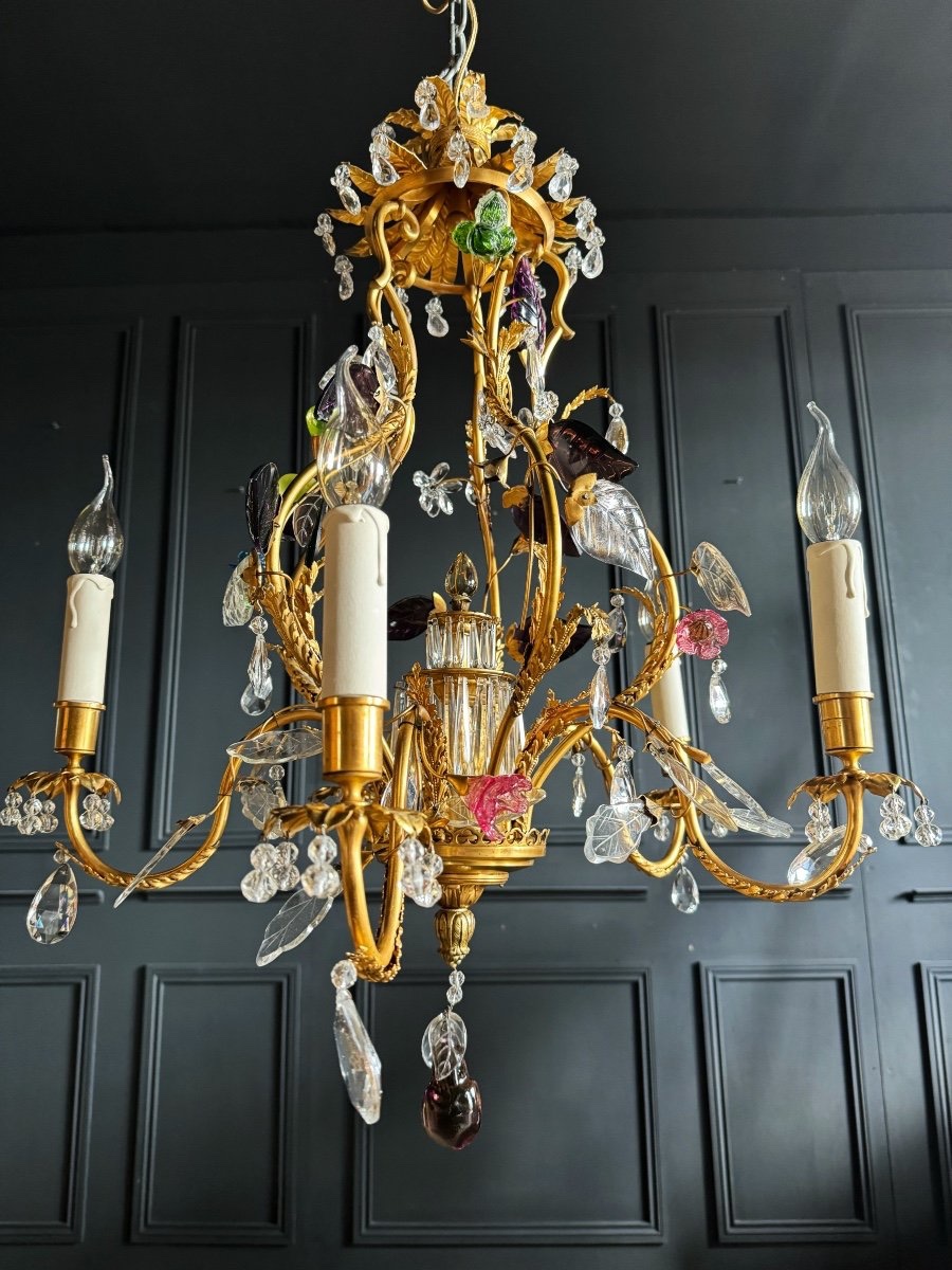 Lustre pagode De La Maison Bagues En Bronze Doré à Décor De Fleurs et de fruits En Verre - XXe-photo-2