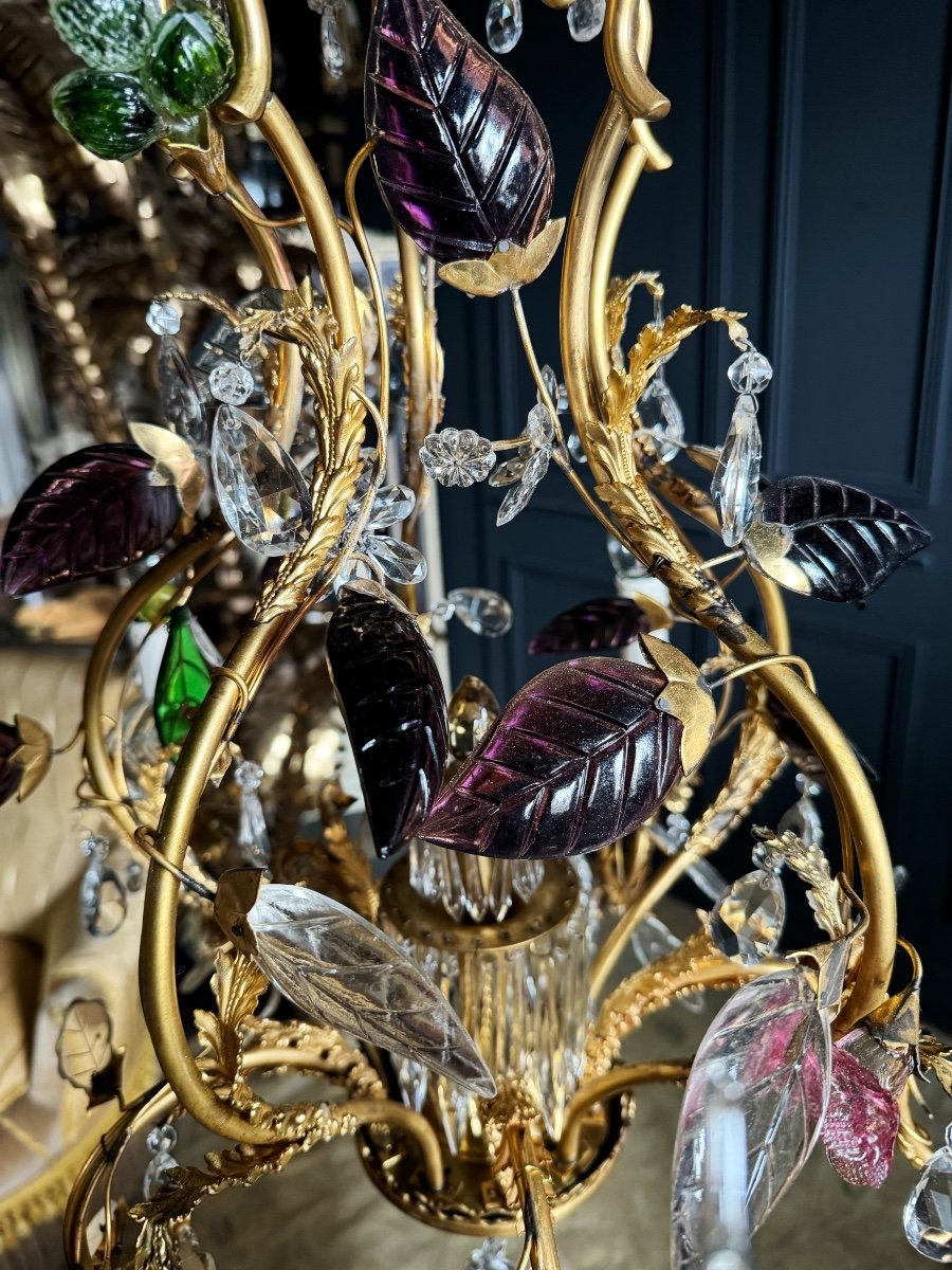 Lustre pagode De La Maison Bagues En Bronze Doré à Décor De Fleurs et de fruits En Verre - XXe-photo-1