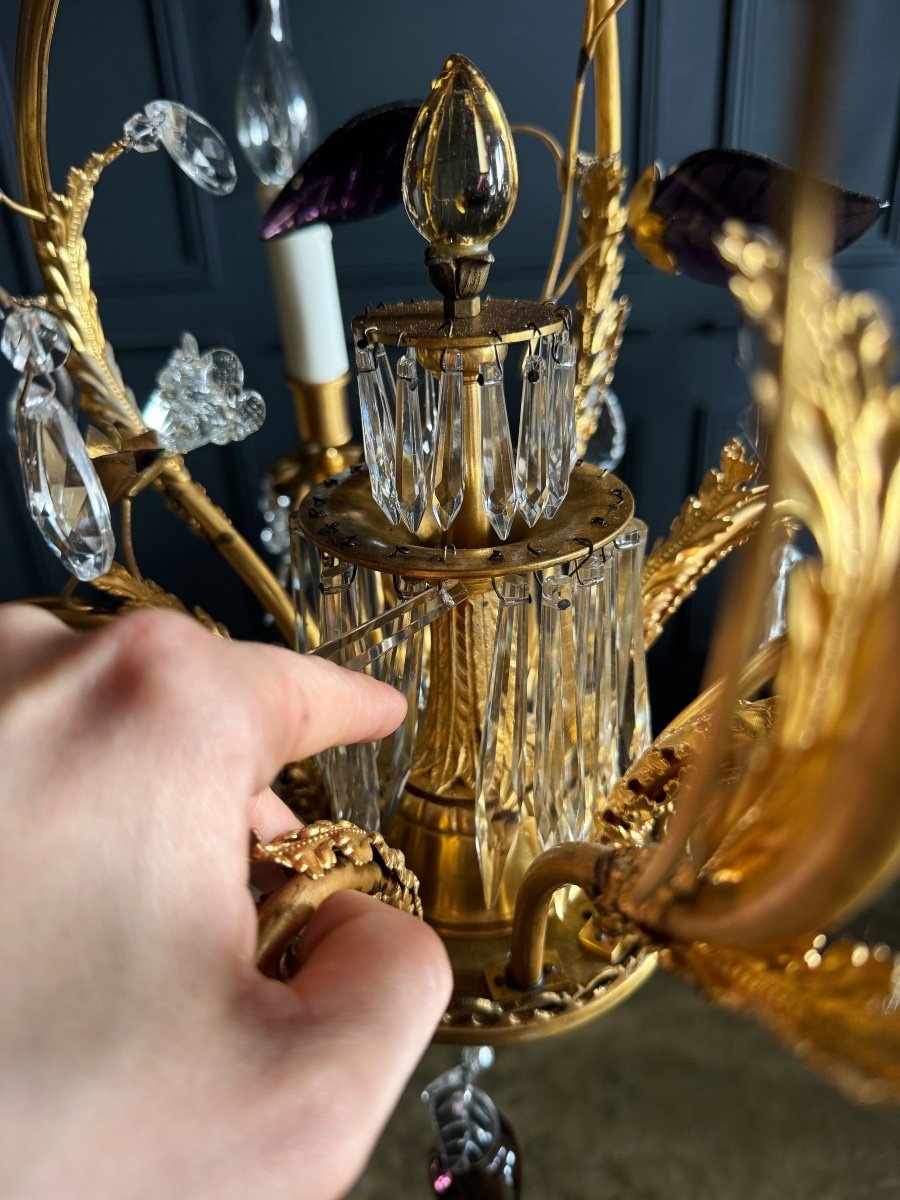 Lustre pagode De La Maison Bagues En Bronze Doré à Décor De Fleurs et de fruits En Verre - XXe-photo-6