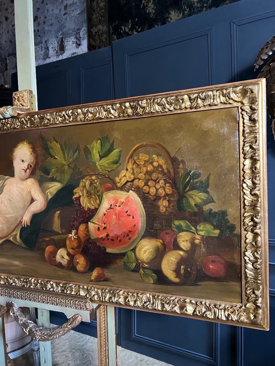 Overdoor / 19th Century Oil On Canvas Depicting A Scene With Putti-photo-4