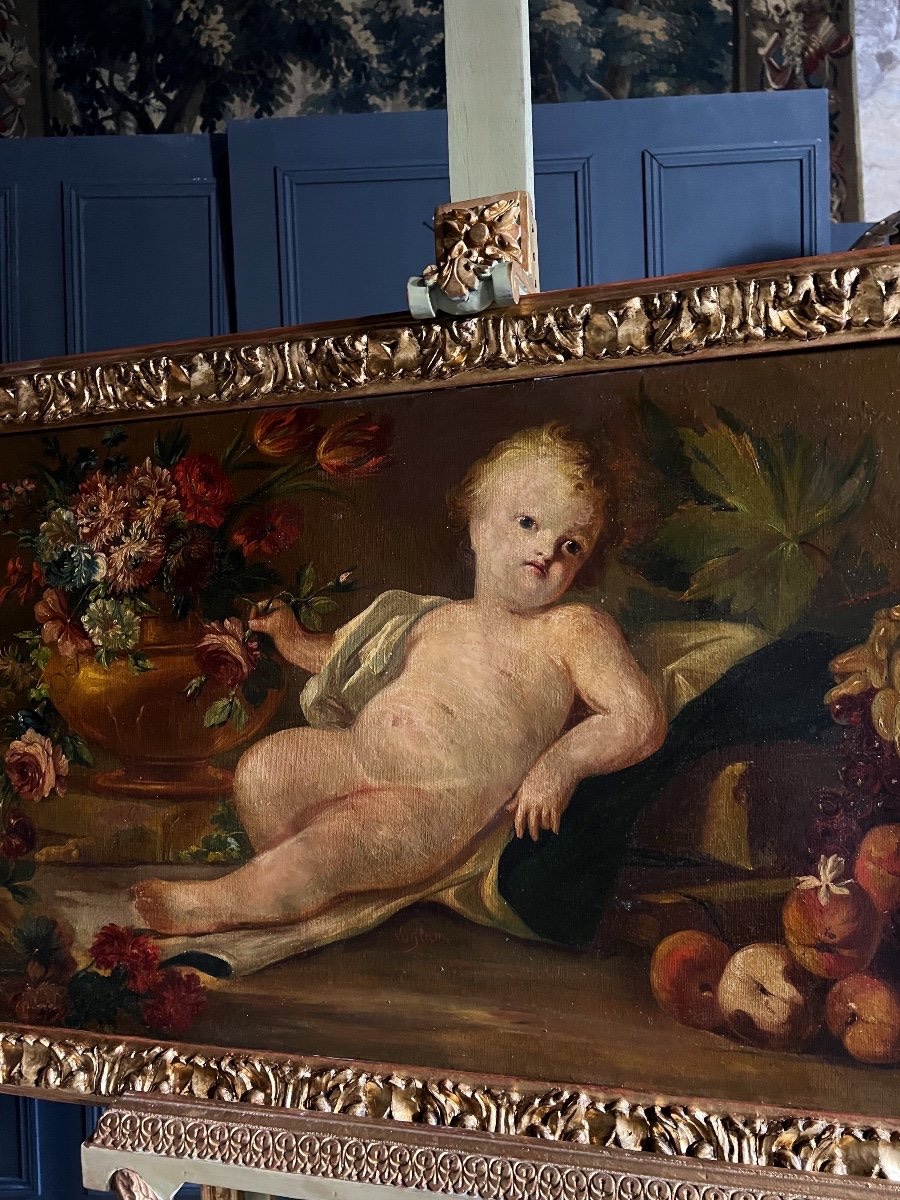 Overdoor / 19th Century Oil On Canvas Depicting A Scene With Putti-photo-2