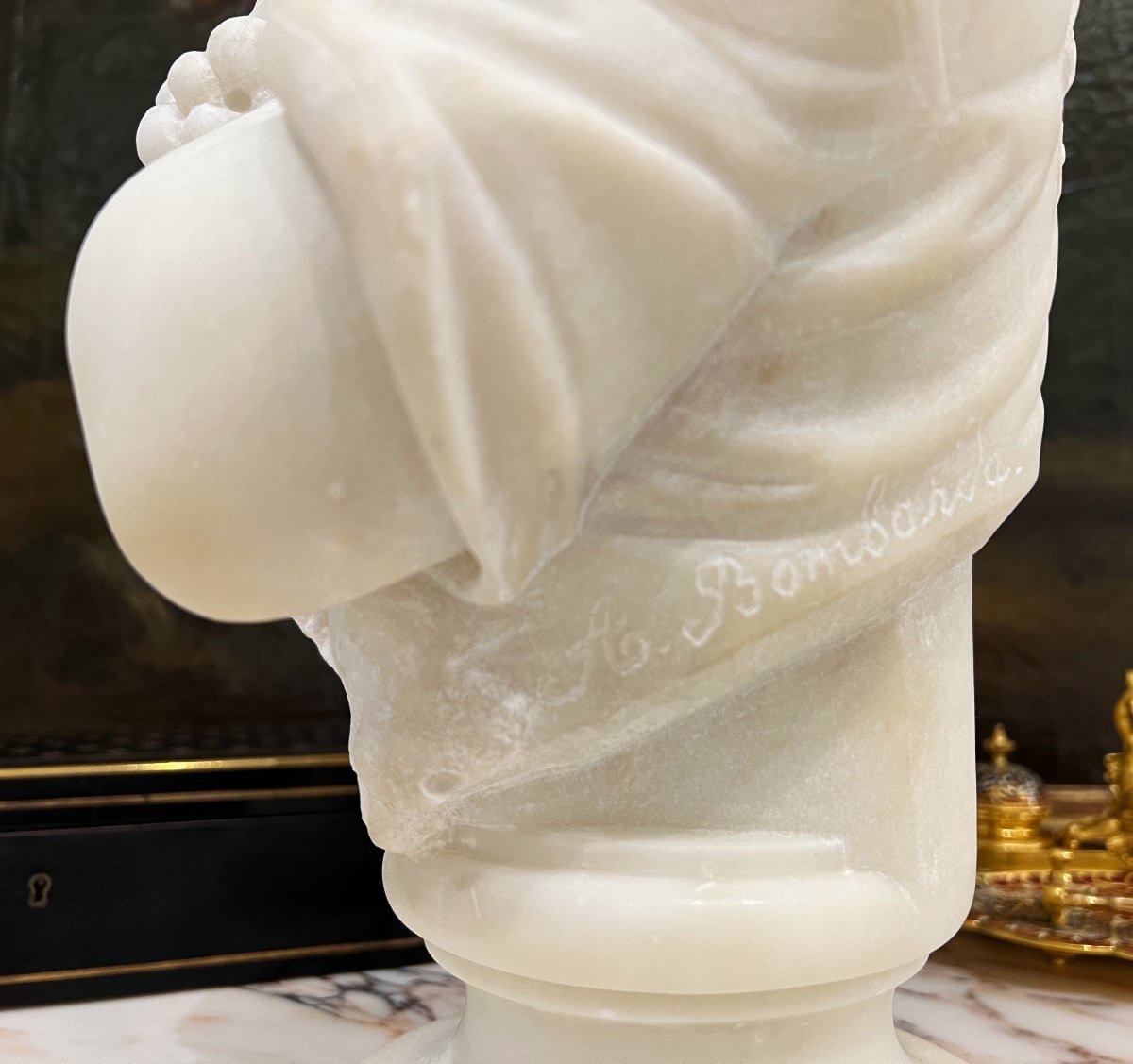 19th Century Marble Bust Of A Young Man Signed A. Bombarda-photo-6