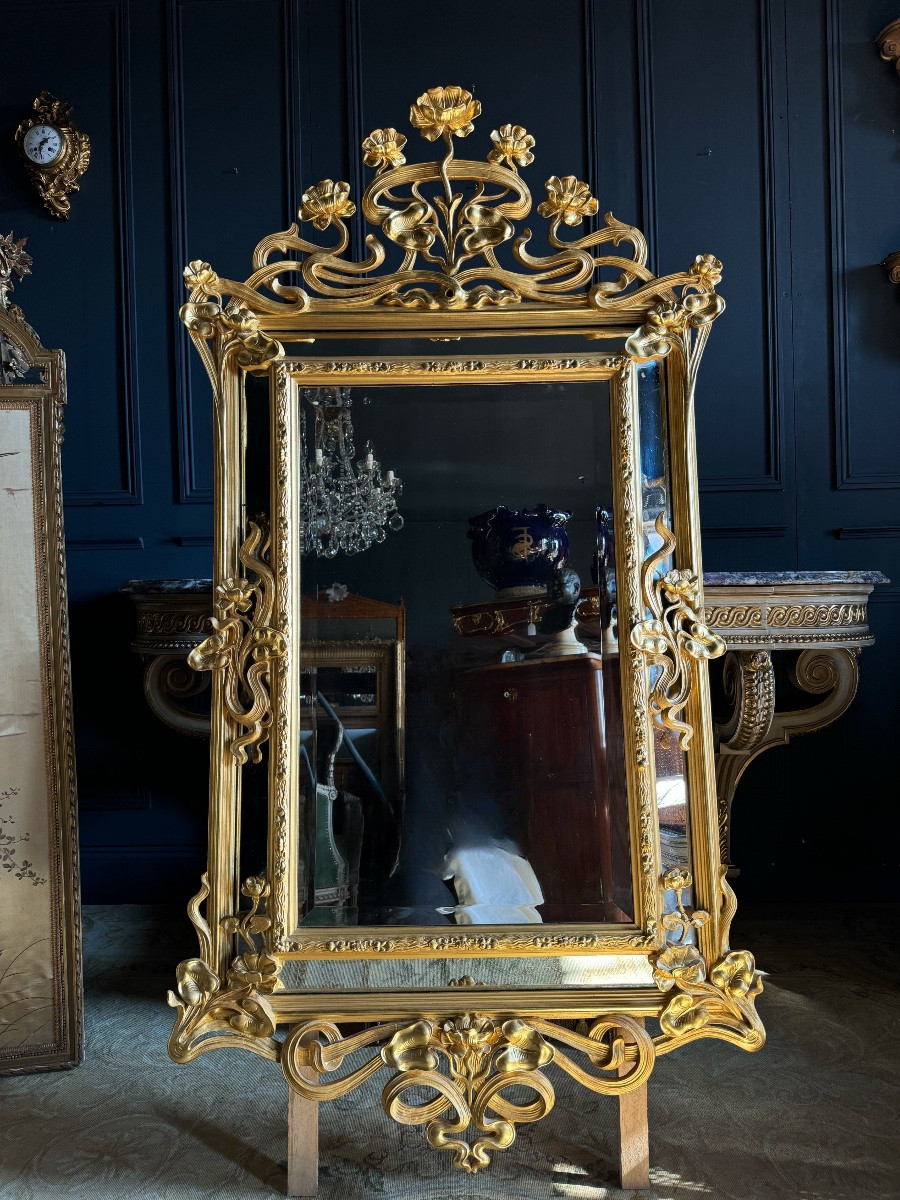 Miroir D’époque Art Nouveau En Bois Doré à La Feuille D’or - Fin XIXe-photo-2