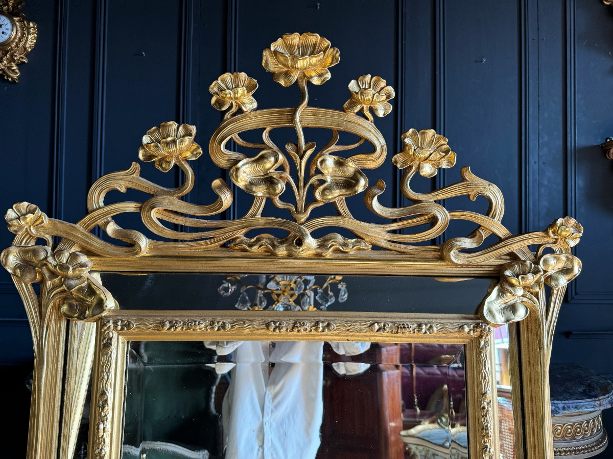Miroir D’époque Art Nouveau En Bois Doré à La Feuille D’or - Fin XIXe-photo-3