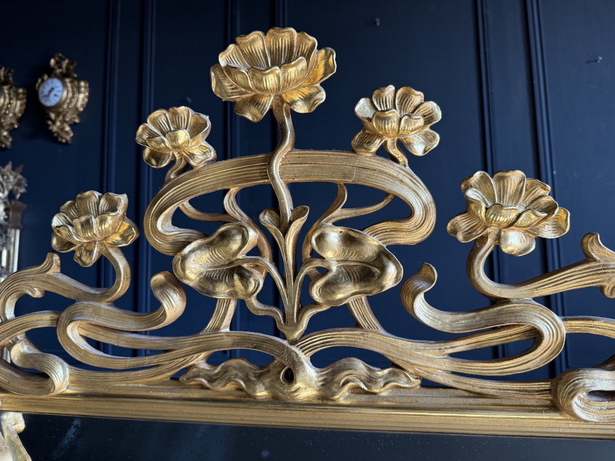 Miroir D’époque Art Nouveau En Bois Doré à La Feuille D’or - Fin XIXe-photo-4