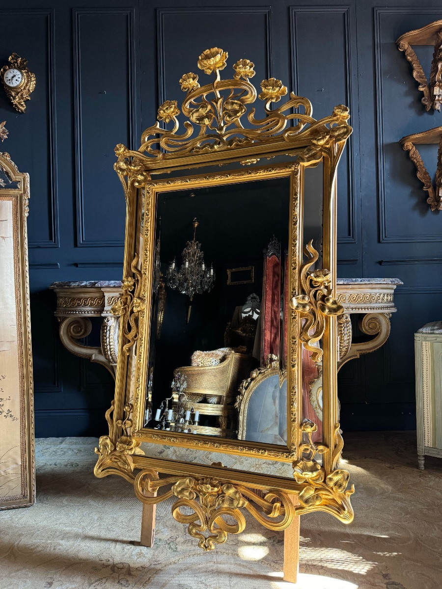 Miroir D’époque Art Nouveau En Bois Doré à La Feuille D’or - Fin XIXe-photo-1