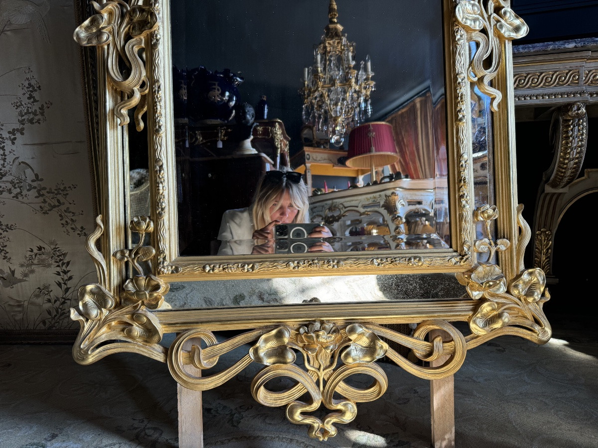 Miroir D’époque Art Nouveau En Bois Doré à La Feuille D’or - Fin XIXe-photo-2