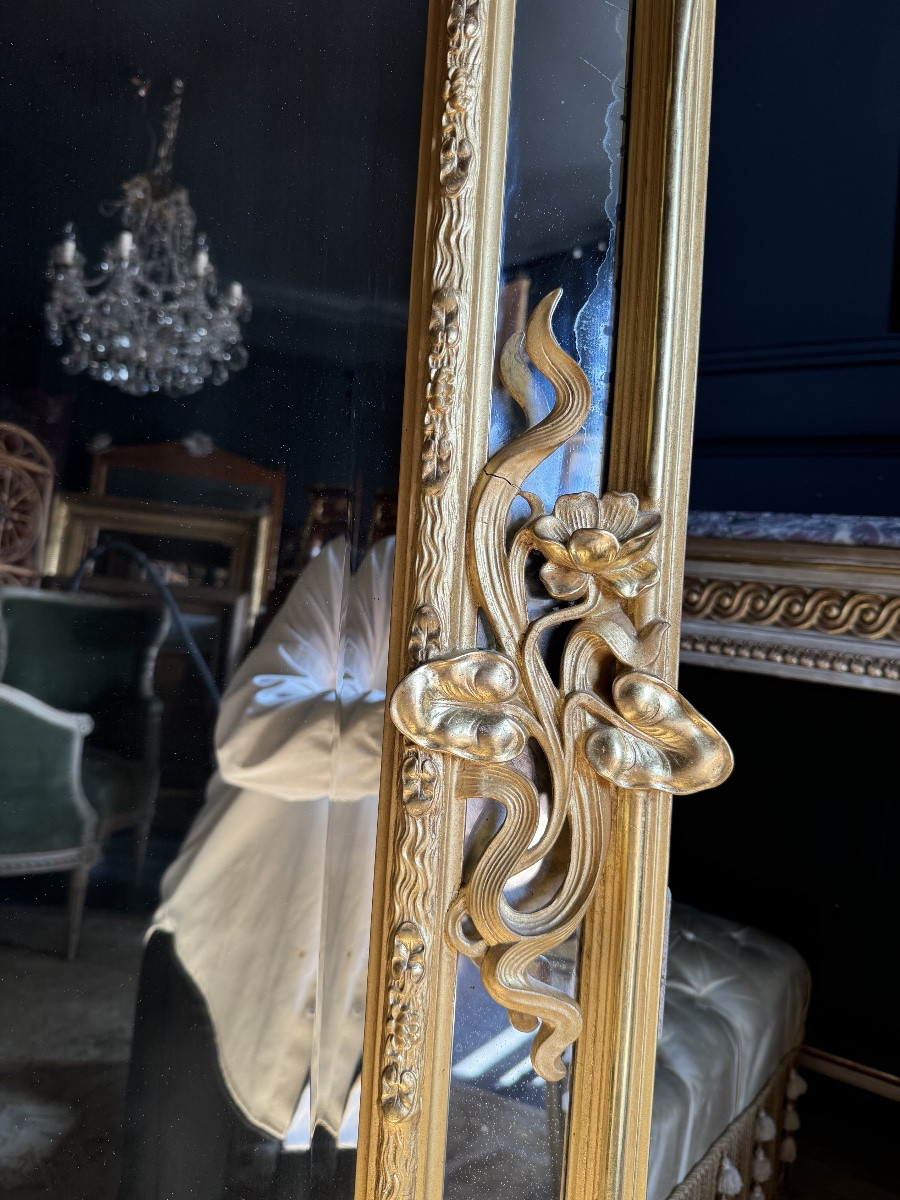 Miroir D’époque Art Nouveau En Bois Doré à La Feuille D’or - Fin XIXe-photo-3