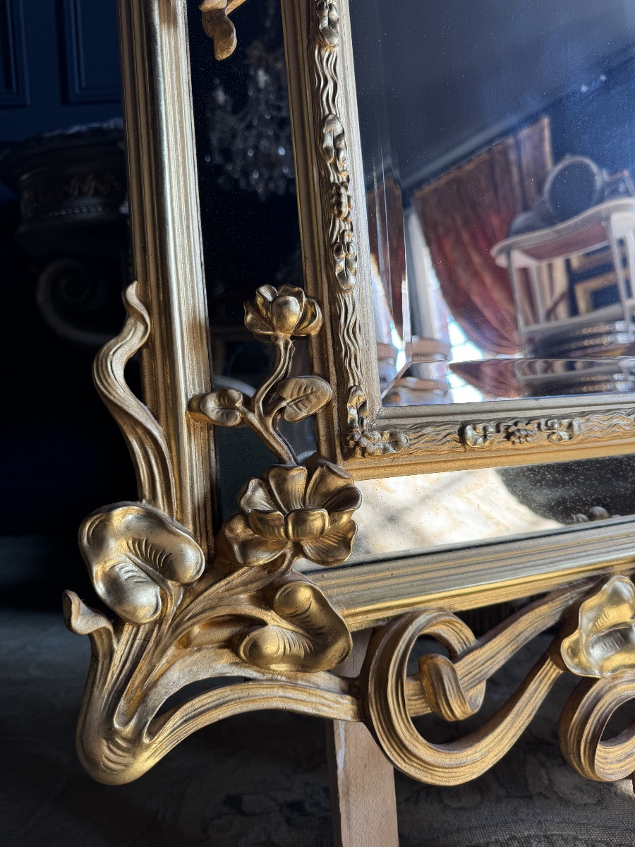 Miroir D’époque Art Nouveau En Bois Doré à La Feuille D’or - Fin XIXe-photo-4