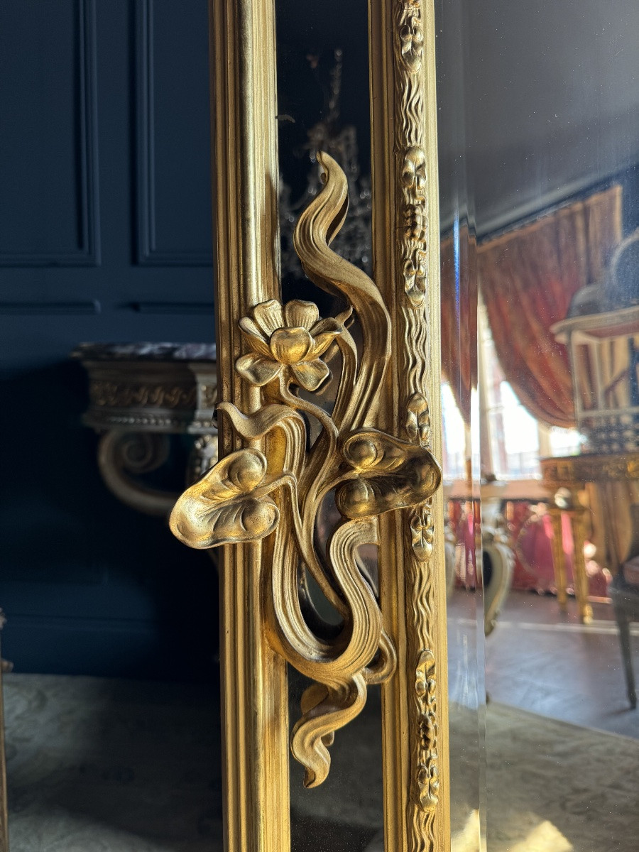 Miroir D’époque Art Nouveau En Bois Doré à La Feuille D’or - Fin XIXe-photo-6