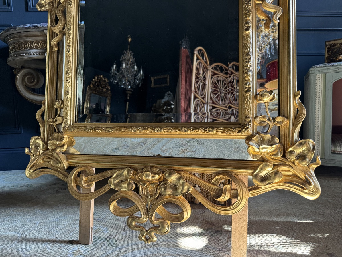 Miroir D’époque Art Nouveau En Bois Doré à La Feuille D’or - Fin XIXe-photo-7