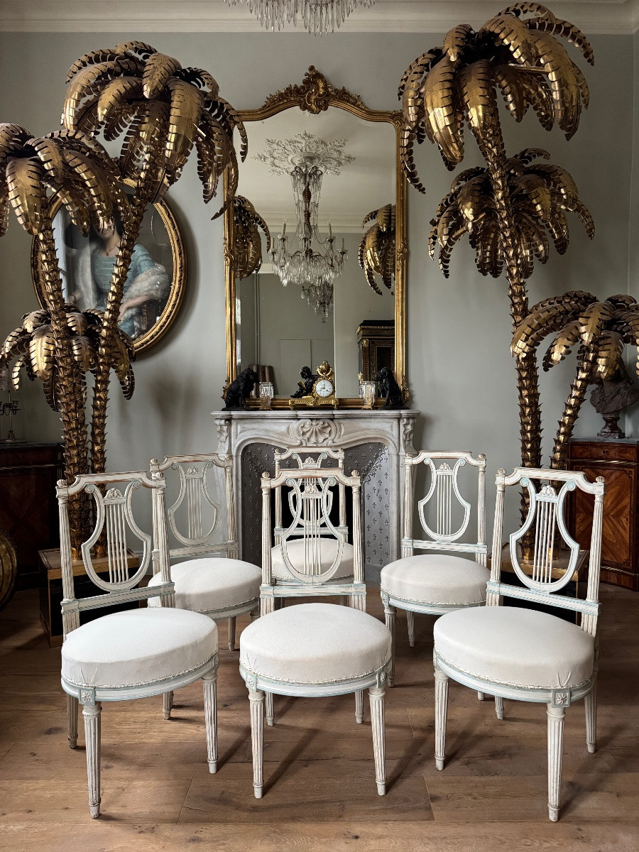 Set Of 6 Lyre-shaped Chairs From The Napoleon III Period In Painted Wood, Louis XVI Style-photo-2