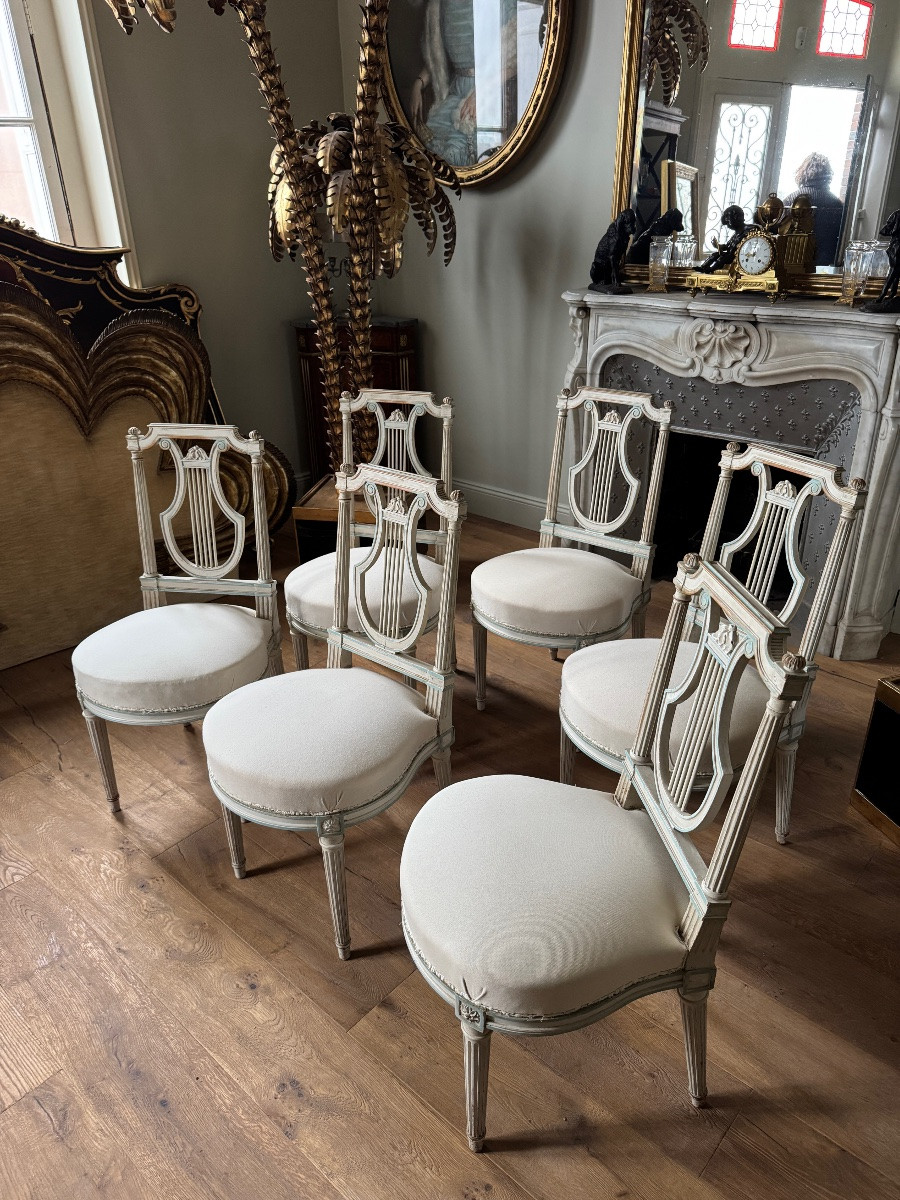 Set Of 6 Lyre-shaped Chairs From The Napoleon III Period In Painted Wood, Louis XVI Style-photo-4