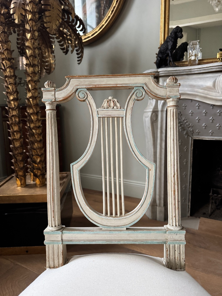 Set Of 6 Lyre-shaped Chairs From The Napoleon III Period In Painted Wood, Louis XVI Style-photo-2