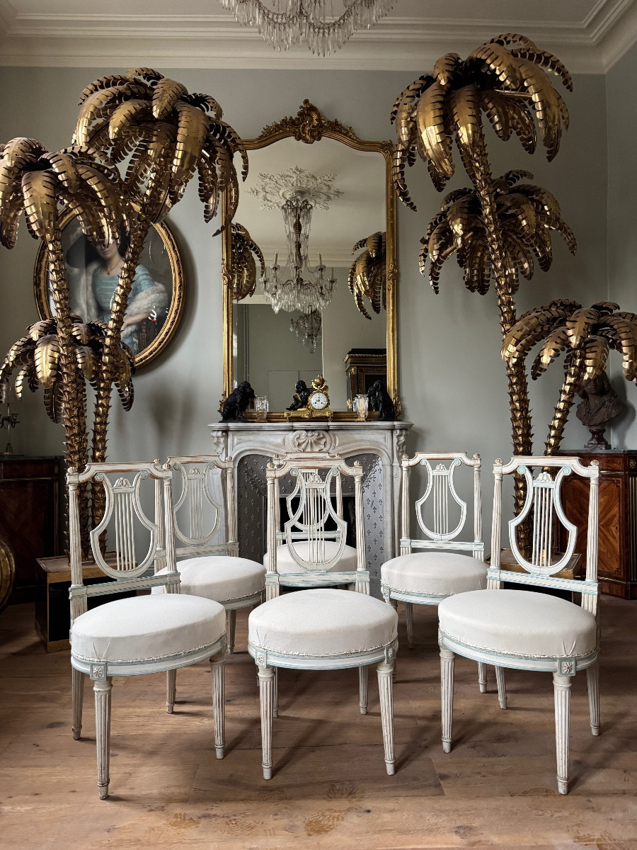 Set Of 6 Lyre-shaped Chairs From The Napoleon III Period In Painted Wood, Louis XVI Style