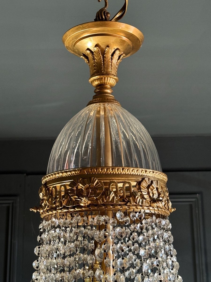 Lustre Du XIXe En Bronze Doré Et Pampilles En Cristal De Style Louis XVI - H125cm-photo-4