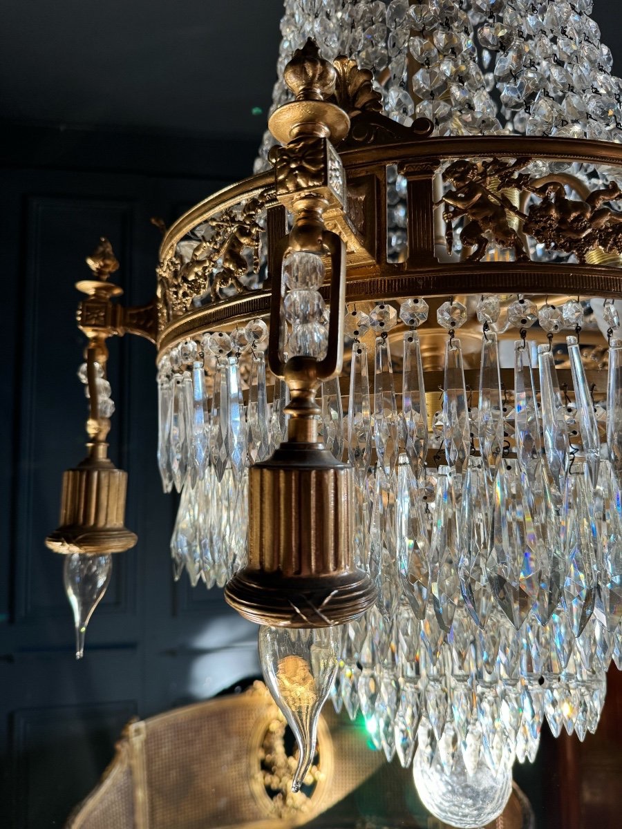 Lustre Du XIXe En Bronze Doré Et Pampilles En Cristal De Style Louis XVI - H125cm-photo-1