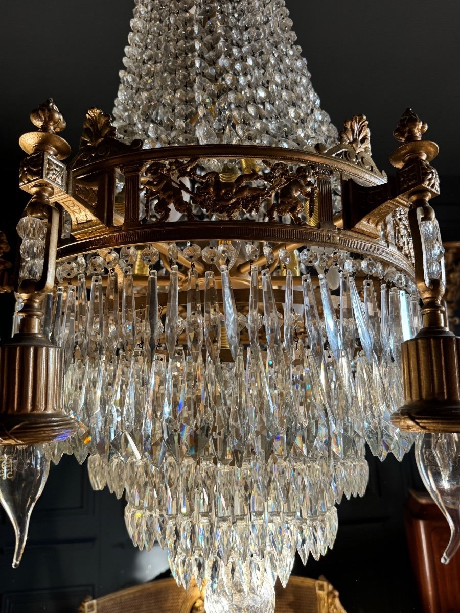 Lustre Du XIXe En Bronze Doré Et Pampilles En Cristal De Style Louis XVI - H125cm-photo-2