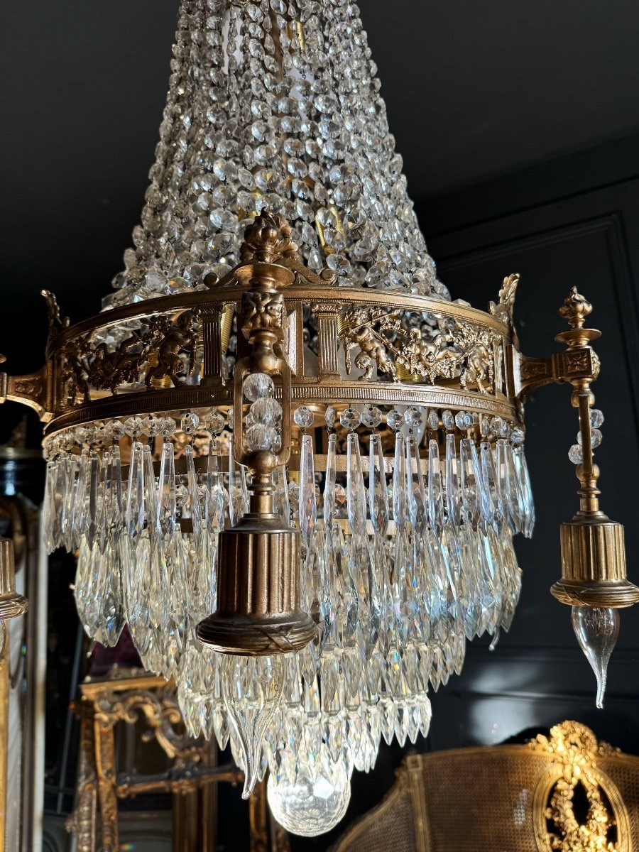 Lustre Du XIXe En Bronze Doré Et Pampilles En Cristal De Style Louis XVI - H125cm-photo-4