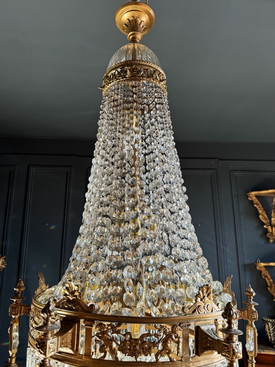 Lustre Du XIXe En Bronze Doré Et Pampilles En Cristal De Style Louis XVI - H125cm-photo-5