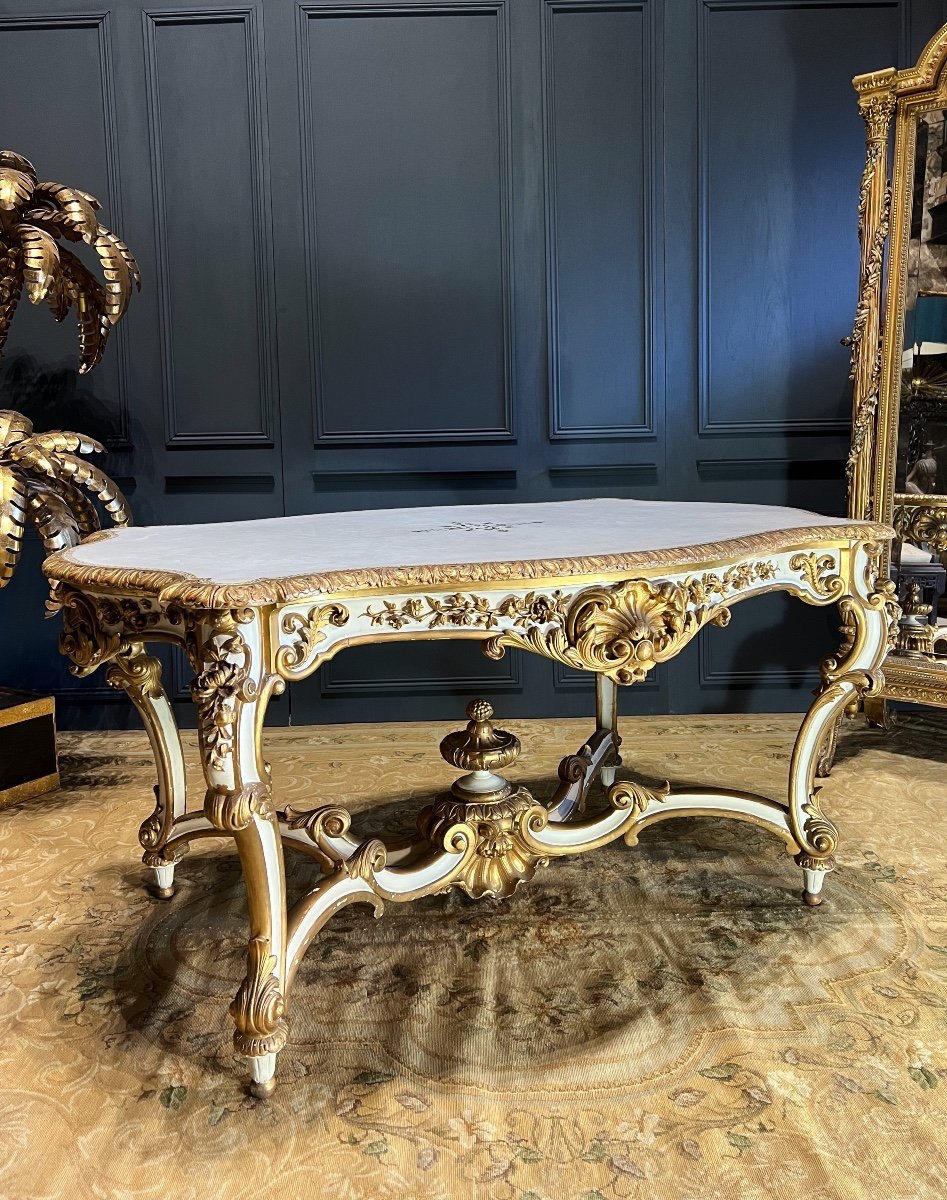 Napoleon III Period Center Table In Painted And Gilded Wood - 19th Century