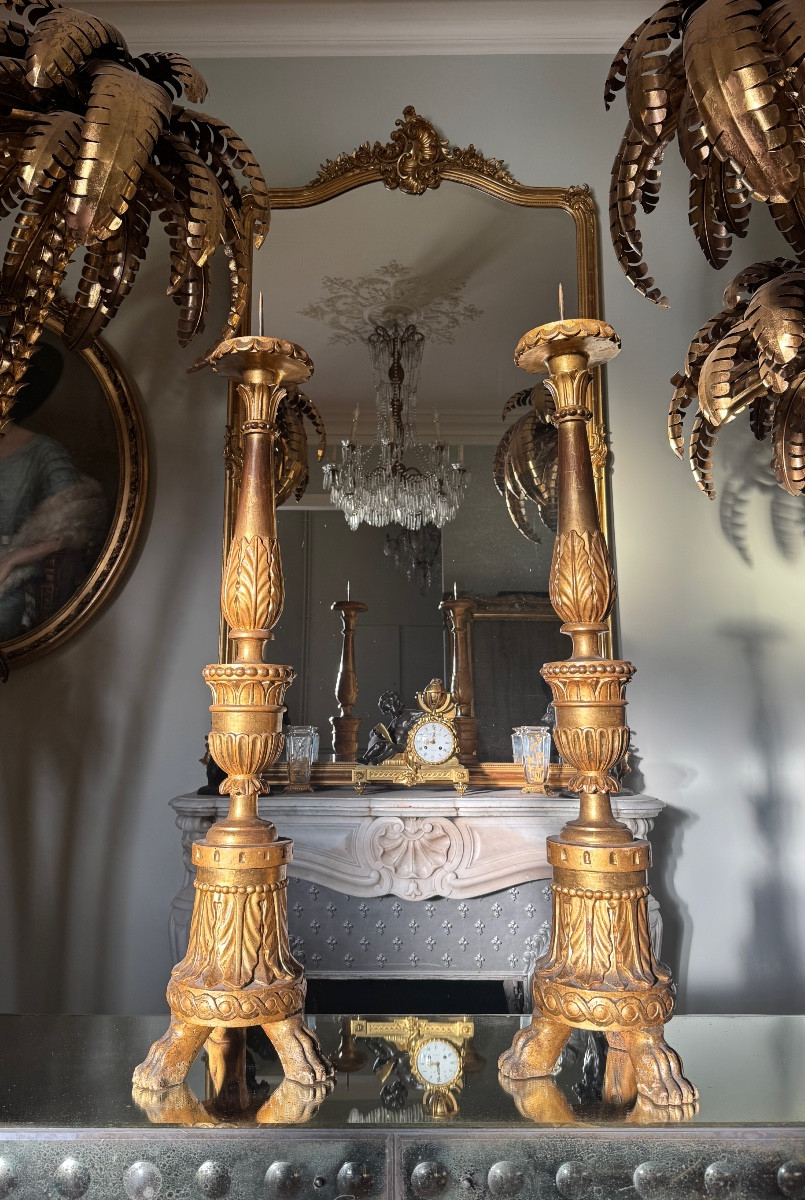 Paire de piques cierges du XVIIIe siècle en bois doré - H1m10-photo-2