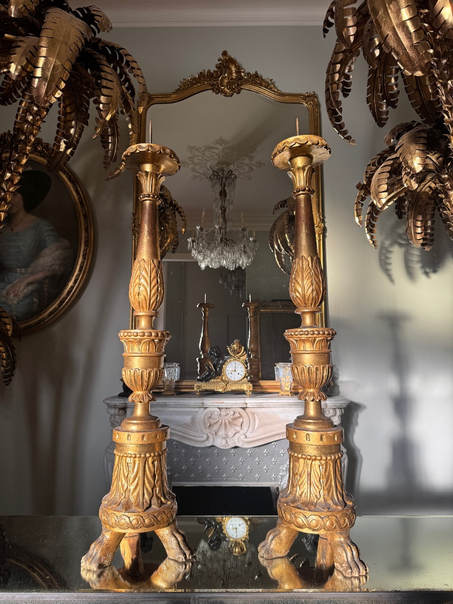 Paire de piques cierges du XVIIIe siècle en bois doré - H1m10-photo-4