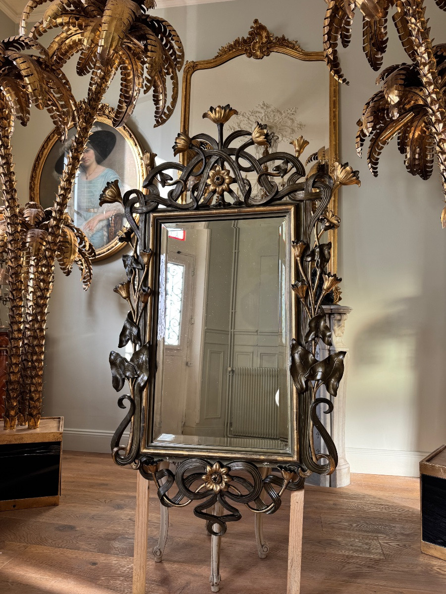 Miroir d’époque art nouveau en bois doré et patiné - fin XIXe siècle -photo-2