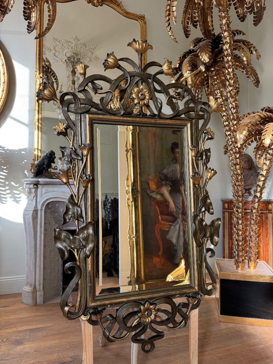 Miroir d’époque art nouveau en bois doré et patiné - fin XIXe siècle -photo-3