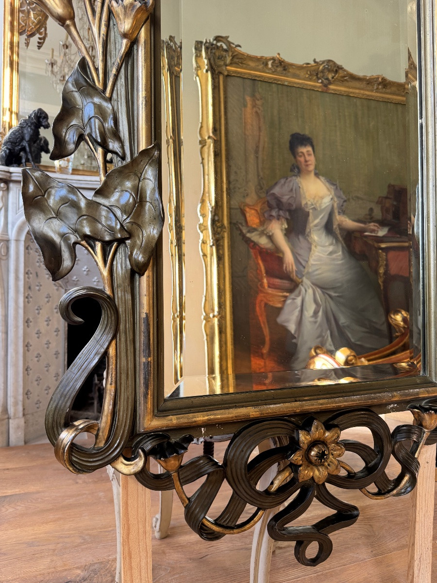 Miroir d’époque art nouveau en bois doré et patiné - fin XIXe siècle -photo-2