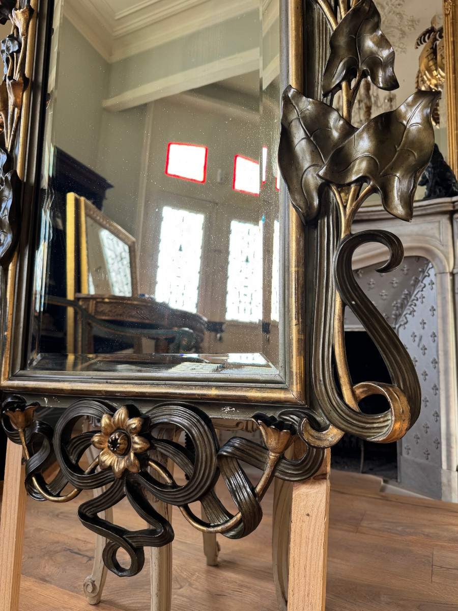 Miroir d’époque art nouveau en bois doré et patiné - fin XIXe siècle -photo-4