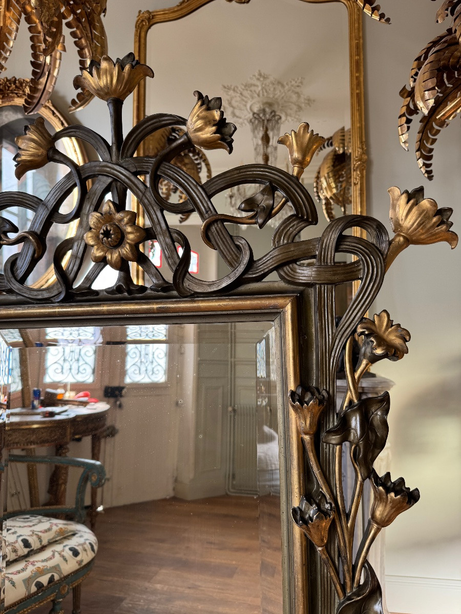 Miroir d’époque art nouveau en bois doré et patiné - fin XIXe siècle -photo-5