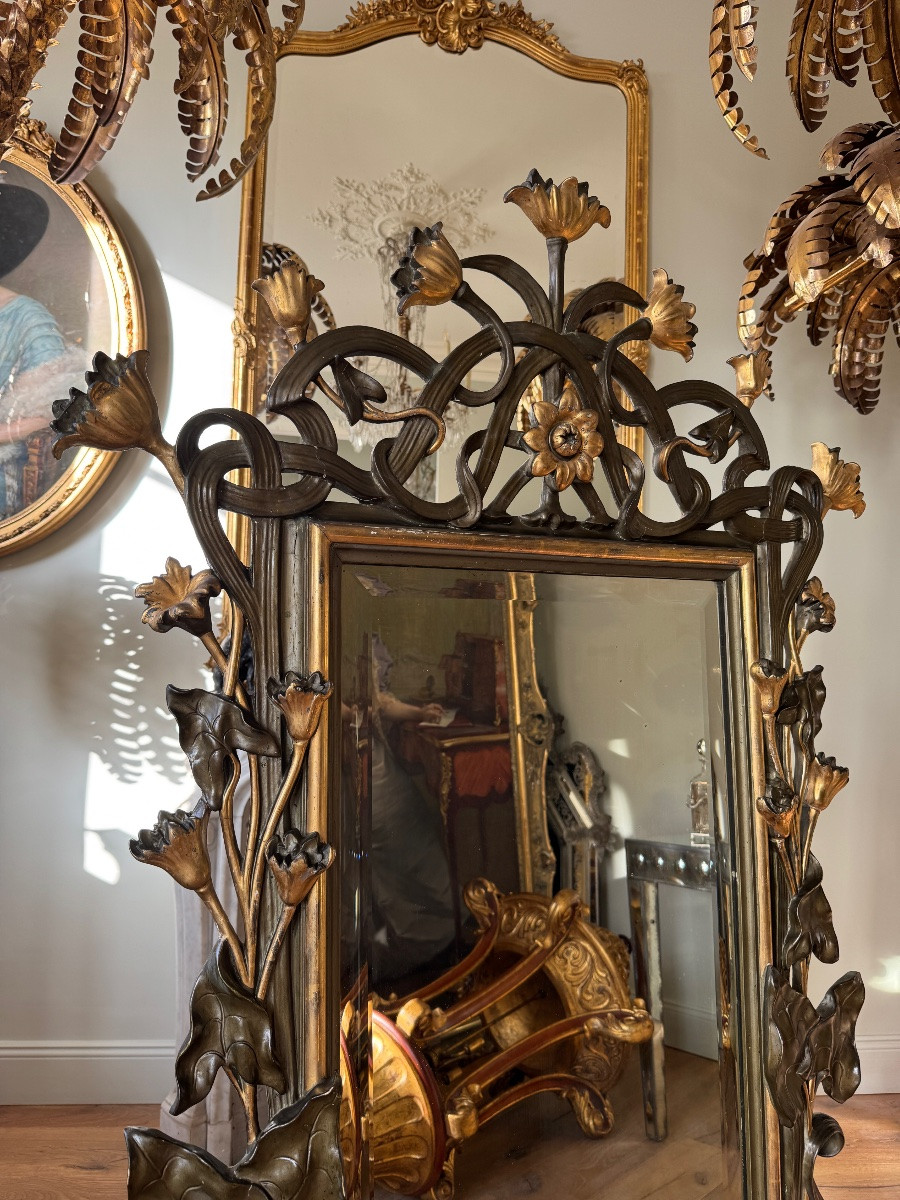 Miroir d’époque art nouveau en bois doré et patiné - fin XIXe siècle -photo-6