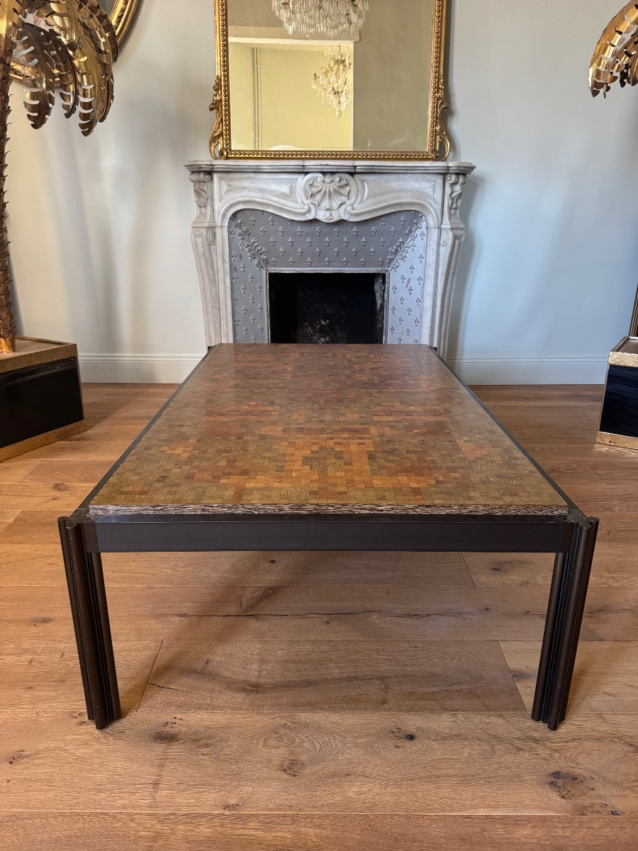 Table basse du XXe siècle de Georges Ciancimino en marqueterie de bois de bout-photo-2