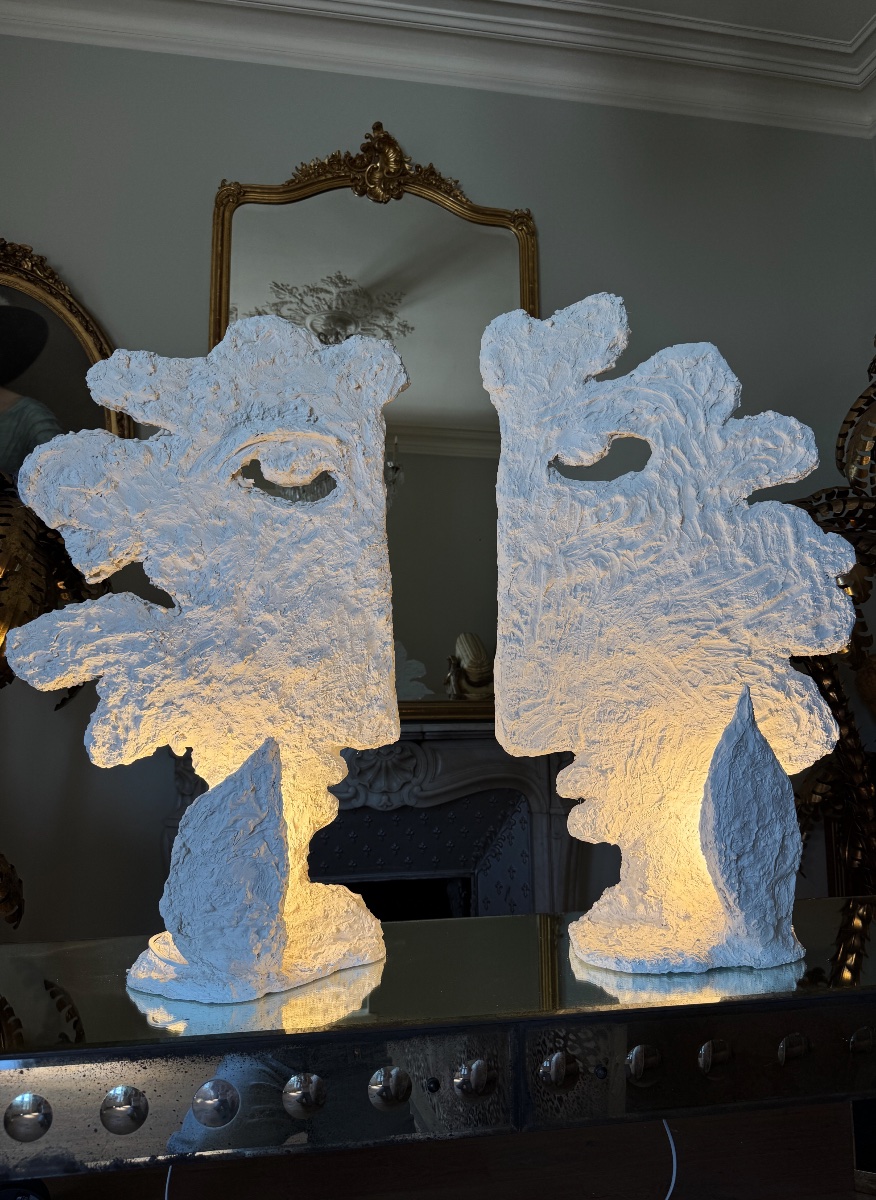 Paire de lampes des années 70 en plâtre - dans le goût de Cocteau-photo-3