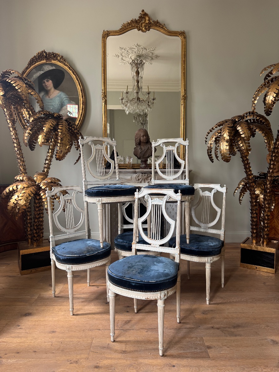 Suite de 6 chaises à la lyre d’époque Napoléon III en bois peint de style Louis XVI-photo-2