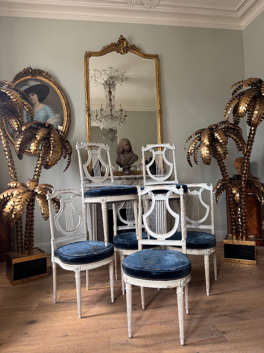 Suite de 6 chaises à la lyre d’époque Napoléon III en bois peint de style Louis XVI-photo-3
