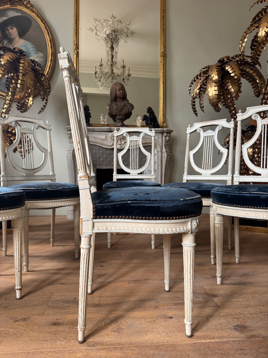 Suite de 6 chaises à la lyre d’époque Napoléon III en bois peint de style Louis XVI-photo-4