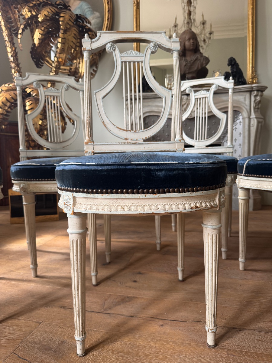 Suite de 6 chaises à la lyre d’époque Napoléon III en bois peint de style Louis XVI-photo-3
