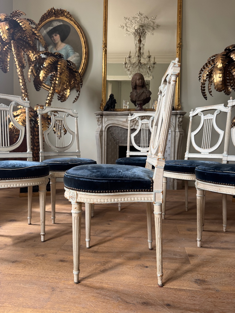 Suite de 6 chaises à la lyre d’époque Napoléon III en bois peint de style Louis XVI-photo-5