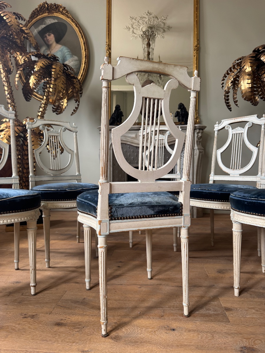 Suite de 6 chaises à la lyre d’époque Napoléon III en bois peint de style Louis XVI-photo-7