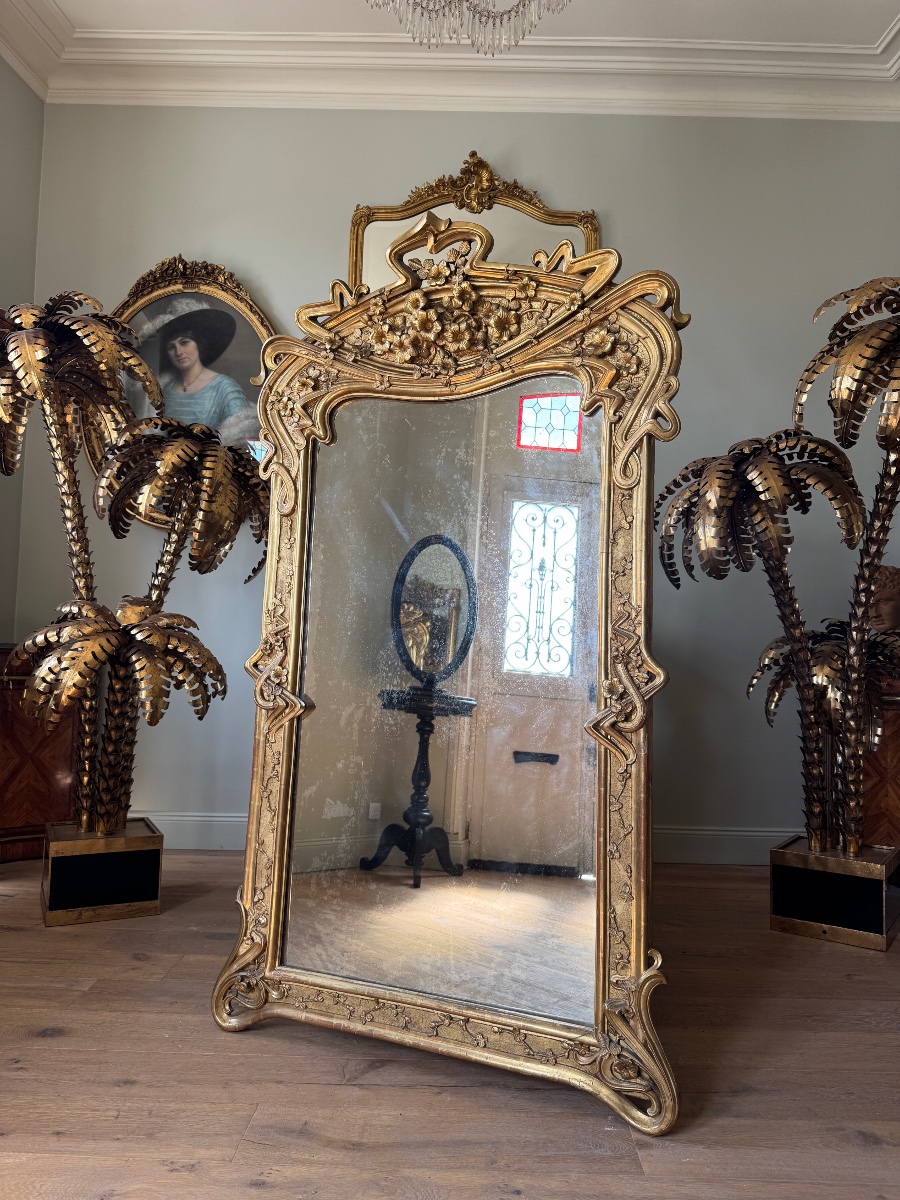 Miroir de cheminée en bois doré d’époque Art Nouveau -photo-3