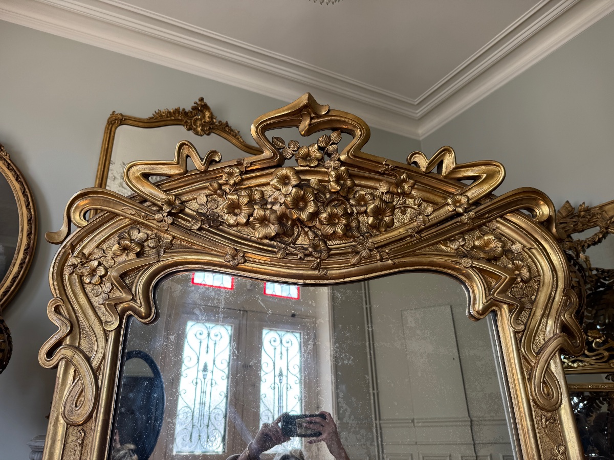 Miroir de cheminée en bois doré d’époque Art Nouveau -photo-4