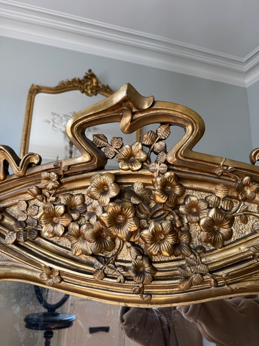 Miroir de cheminée en bois doré d’époque Art Nouveau -photo-1