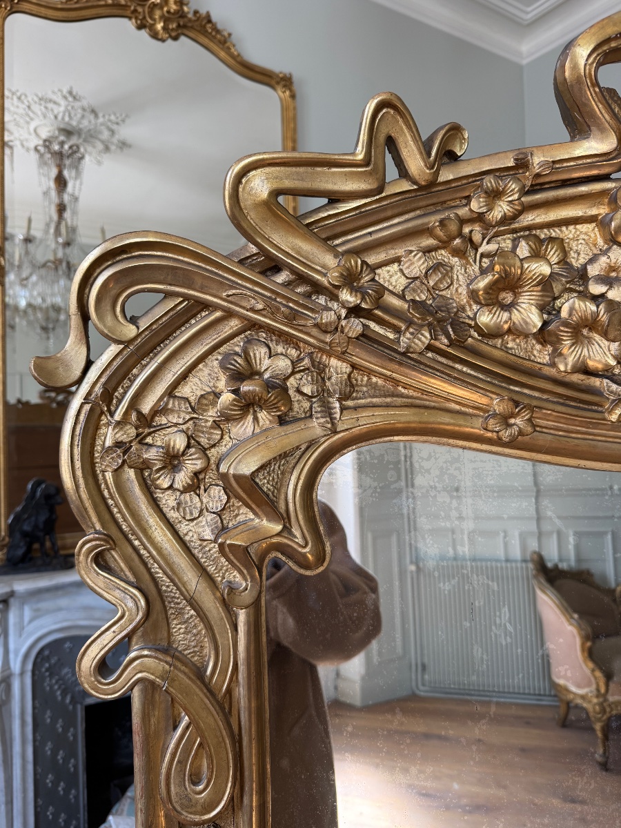 Miroir de cheminée en bois doré d’époque Art Nouveau -photo-2