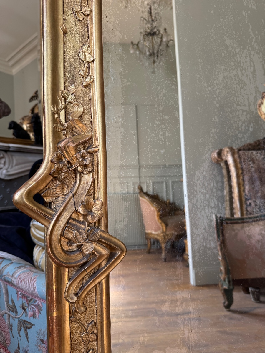 Miroir de cheminée en bois doré d’époque Art Nouveau -photo-4