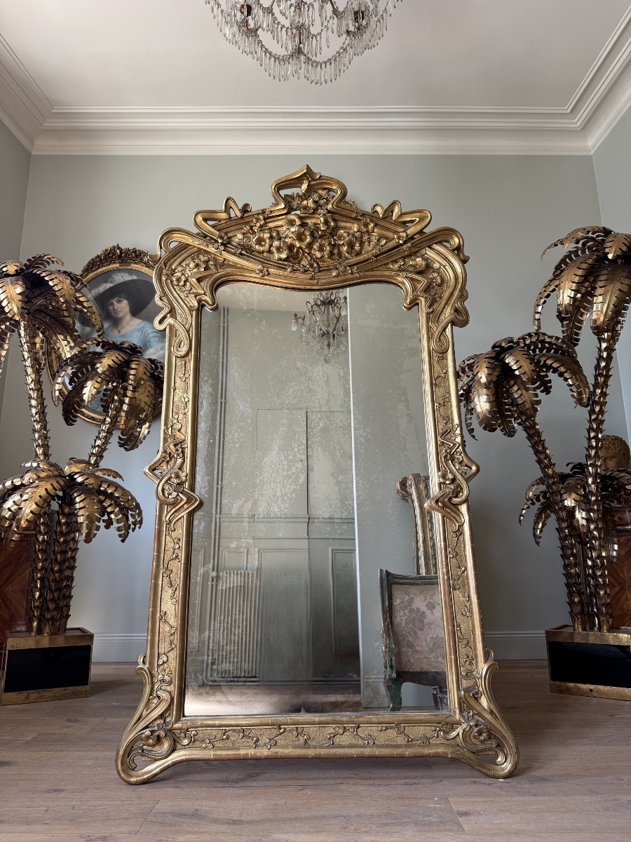 Miroir de cheminée en bois doré d’époque Art Nouveau 