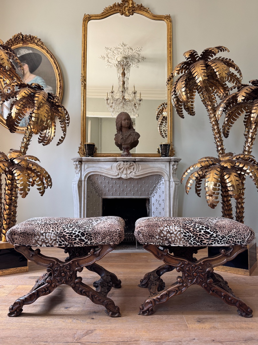 Paire de curules de la fin du XIXe en bois sculpté de style Louis XV -photo-3